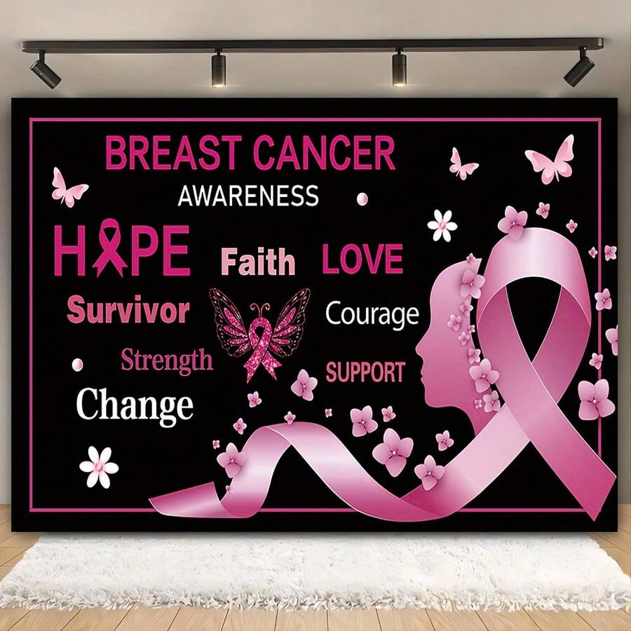 1pc Breast Cancer Awareness Banner, Pink Ribbon And Inspirational Quote, Durable Polyester Background, Suitable For Fundraising Events And Support Activities - 10 - View 1