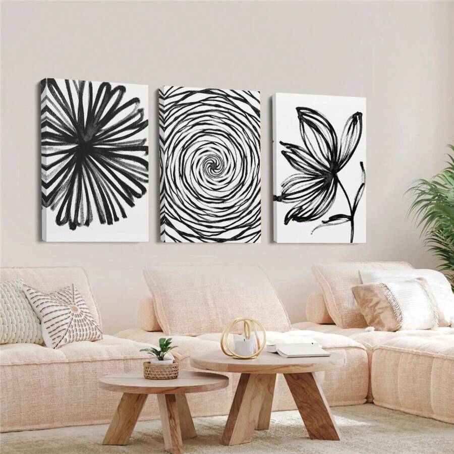 3pcs Modern Black & White Vertical Botanical Floral Wall Art - Vertical Canvas Paintings With Wrap-Around Wood Frame, Monochrome Plant Decor Suitable For Living Room, Bedroom, - Vertical Wall Decor - Framed - View 1