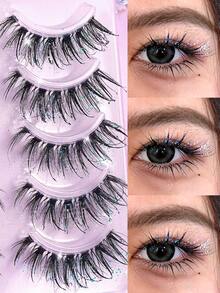 MAANGE 5 Pairs Crystal Decorated Full Strip False Eyelashes, Shiny Fairy Cosplay Eye Makeup Accessory, Sparkling Diamond False Eyelashes For Daily Cute Natural/Party Concert Cartoon Eye Makeup Sweet Girl Style, Easy To Apply, Korean & Japanese Series, Suitable For Daily Life, Party, Music Festival And Other Occasions - Black - View 7