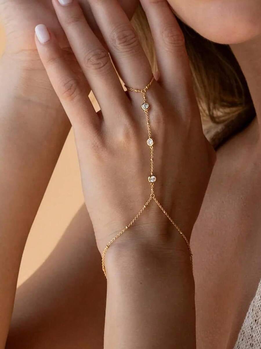 1件女款手指手鍊，極簡風，銅鑲鋯石手指手鍊，日常疊戴飾品禮物（鍊珠數量隨機）
