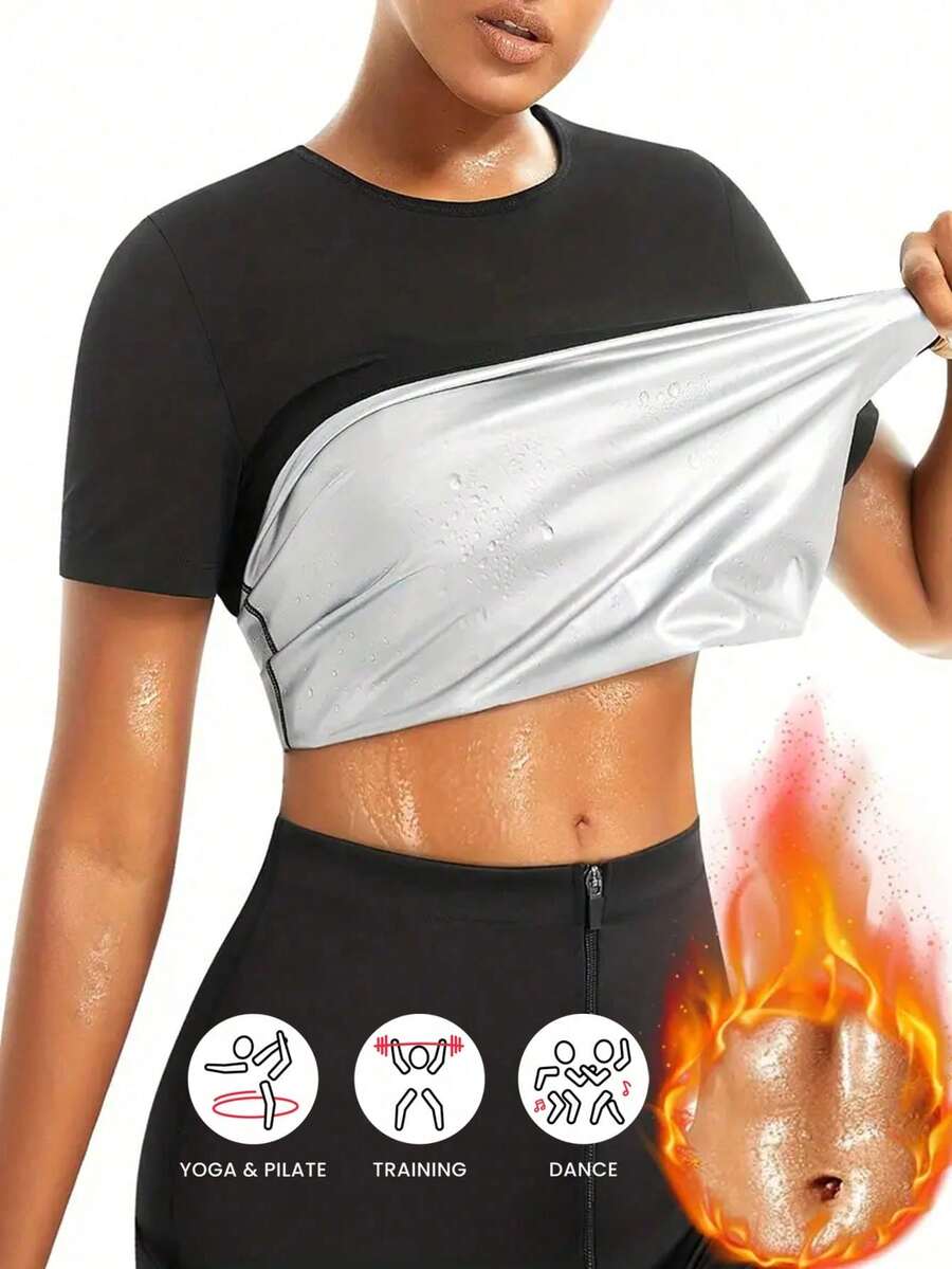 1pc Women's Sauna Short Sleeve Compression Shapewear T-Shirt, Sauna Sweat-Inducing Gym Fitness Workout Top Sports Fall - Silver - View 1
