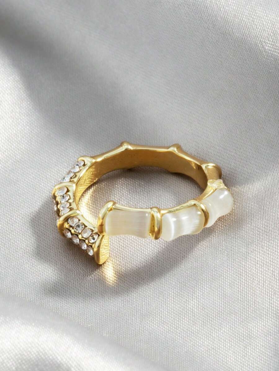 1 pieza Anillo exquisito con forma de bambú, regalo ideal para la novia - Amarillo Oro - Ver 1