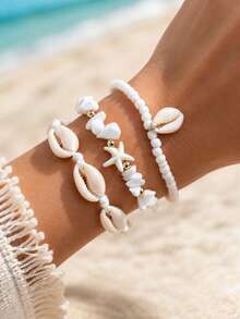 3Pcs/Set Boho Shell Starfish Stacked Bracelets For Women Stone Beaded Elastic Bracelet Summer Beach Jewelry Gift - White - View 1