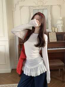Women's Autumn Ballet Style Lace Hem Long Sleeve T-Shirt, Chic Slimming Layering Base Top White - White - View 5