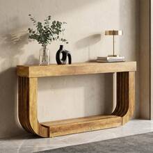 LITTLE TREE 70.9-Inch Console Table For Entryway, Extra Long Narrow Sofa Table, 2-Tier Brown Wooden Console Sofa Table With Heavy Duty U-Shaped Pedestal, Large Hallway Foyer Table For Living Room - Brown - View 9