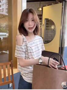 韓式拼接條紋不對稱單肩短袖女款夏季設計小眾吊帶上衣 - 杏色 - 查看 5