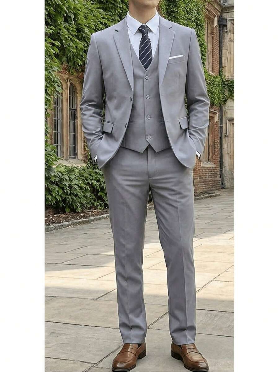 Men's 3 PiecesFormal Suit, Single-Breasted 2-Button Blazer, V-Neck Vest, Suit Pants, Sizes XS To 3XL Available - Light Grey - View 1