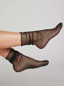 1 Pair Glitter Sheer Mesh Ankle Socks, Ruffle Cuff Semi-See-Through Sequin Mid-Calf Socks, Suitable For Party, Nightclub, Y2K Nightlife Outfit - Black - View 5