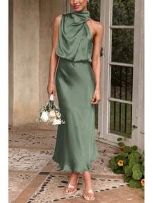 Vestido de satén elegante sin mangas con cuello alto para mujer, verano, cóctel, - Azul Oscuro - Ver 8
