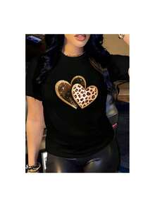 YOCASA Women's Short-Sleeved Crew Neck T-Shirt With Floral, Heart, Cherry And Oil Painting Style Letter Prints, Slim Fit, Casual Sporty Style - 黑色 - 查看 2