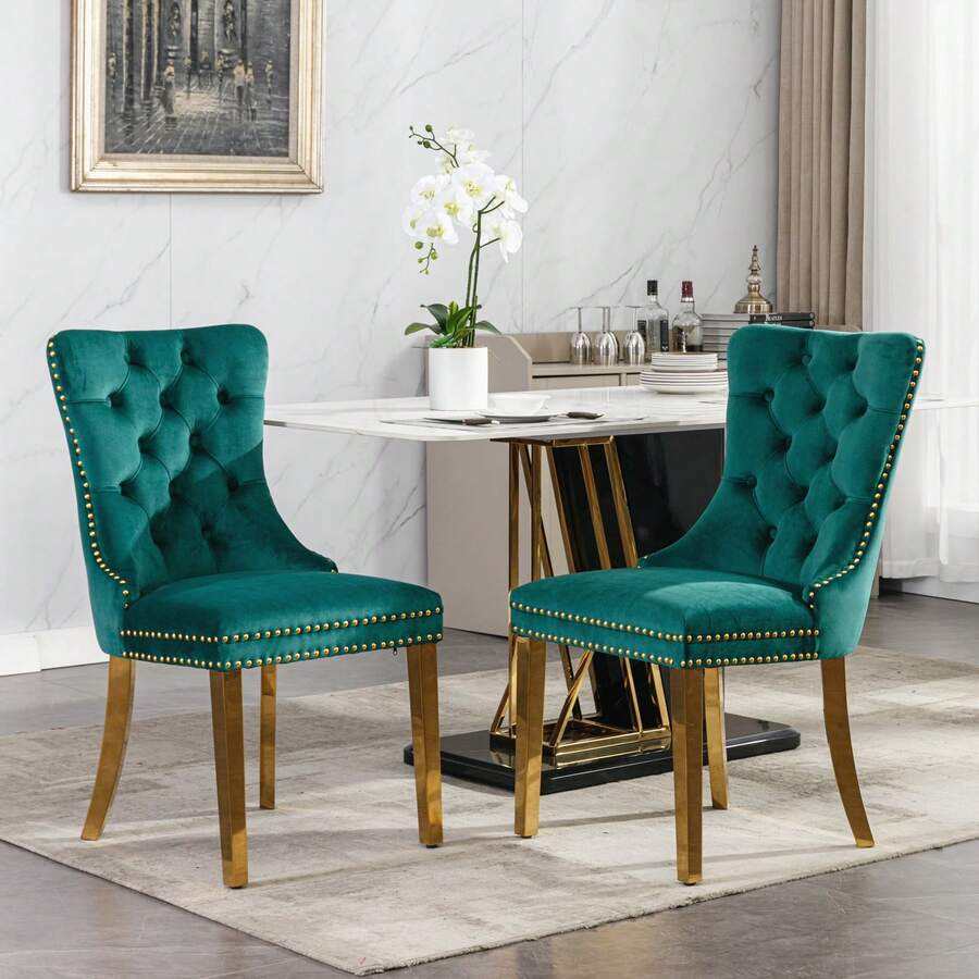 Set Of 2 65 Cm Dining Chairs In Velvet For Kitchen And Dining Room - 綠色 - 查看 1