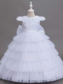 KAFEIBEI Young Girls Princess Dress With Luxurious Bow, V-Neck, Sequins And Tulle, Fluffy Long Skirt, Wedding Princess Party Gown, Suitable For Graduation Prom And Formal Occasions - White - View 6