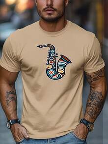 Camiseta de hombre de talla grande, cómoda y versátil, relajada e informal, con estampado colorido de saxofón, camiseta de verano de manga corta y cuello redondo para hombre. - Azul marino - Ver 7