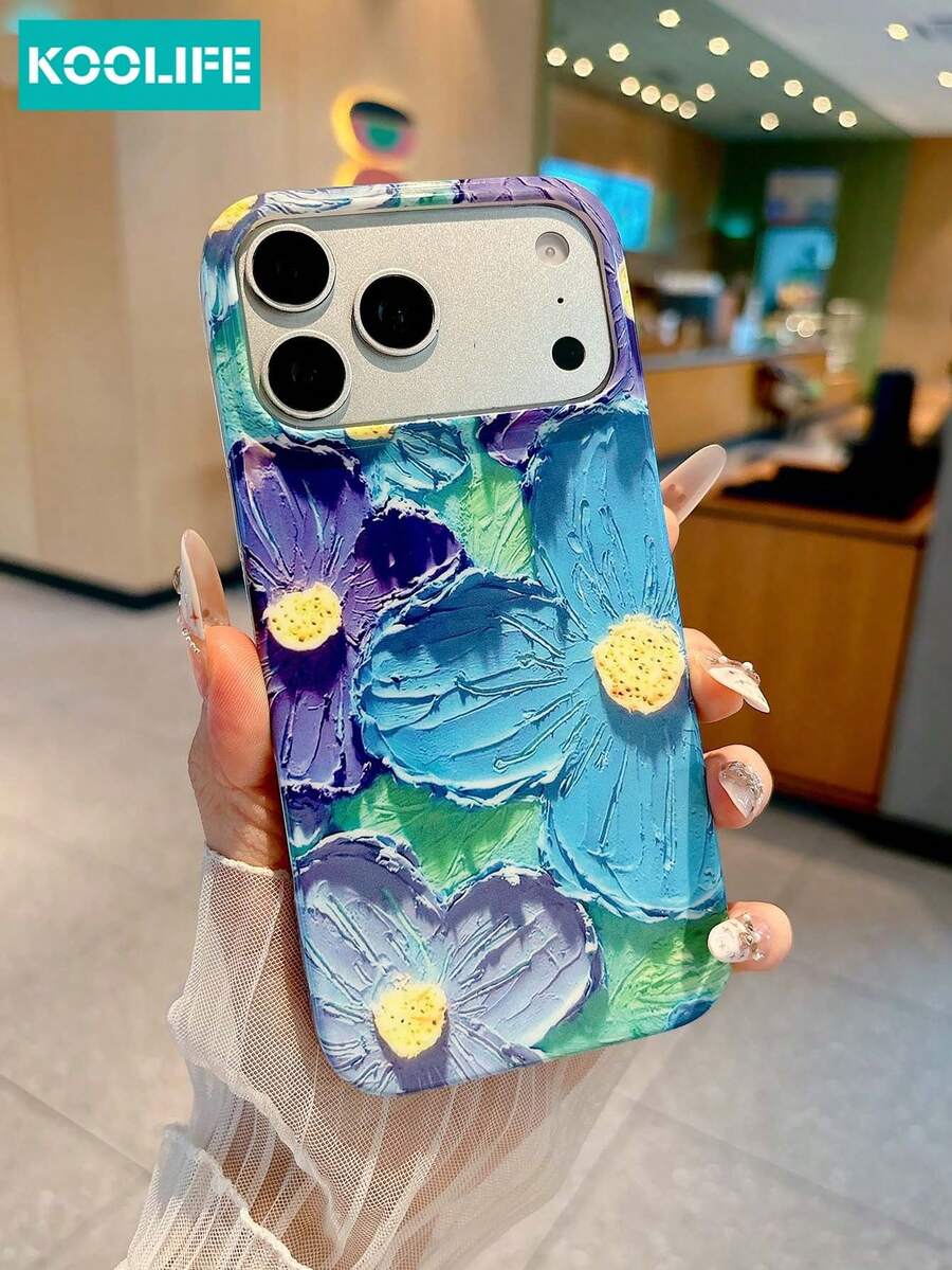 KOOLIFE 1pc Blue Purple Floral Oil Painting Phone Case, Abstract Art Flower Print, PC+TPU Anti-Drop Protective Cover, Vintage Boho Aesthetic, Full Camera Protection Case Compatible With Apple 17/17pro/17promax/17Air/16/15/14/13