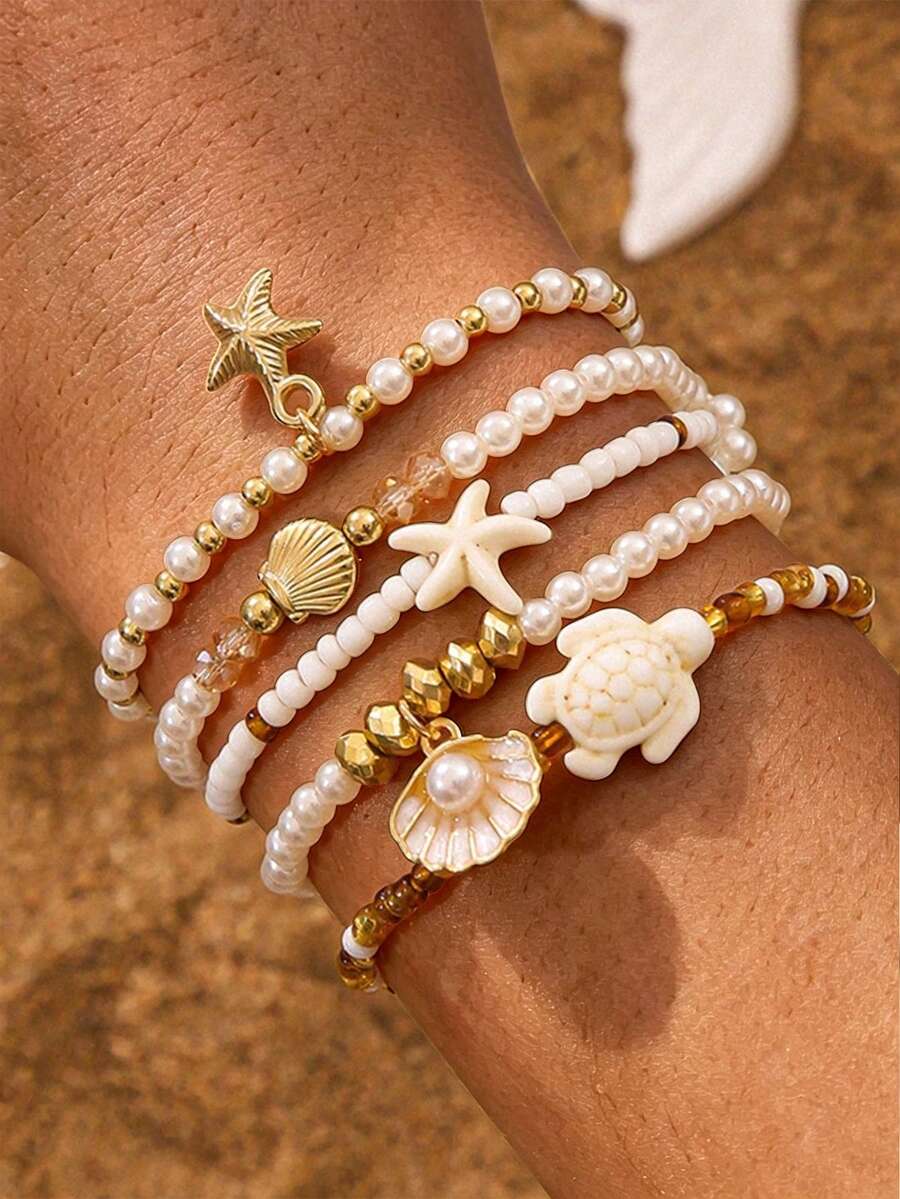 5Pcs/Set Starfish & Turtle Beaded Bracelets Set, Boho Vacation Fashion Women's Beach Jewelry - Multicolor - View 1
