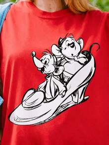 Women's Cotton T-Shirts Princess Shirt, Cute Jaq And Gus Sketch Portrait T-Shirt, Tee, Funny Magic Kingdom, Family Trip Basic Blouses For Women - 紅色 - 查看 9
