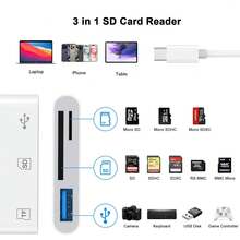 قارئ بطاقة SD 3 في 1 Lightning/USB C، محول بطاقة ذاكرة Type-C مع فتحات SD/Micro SD ومنفذ USB 3.0، توصيل وتشغيل، متوافق مع سلسلة 17/16/15/14/13/12/11/8/7/6/X/XS/XR، أجهزة Android USB-C - مشاهدة 8