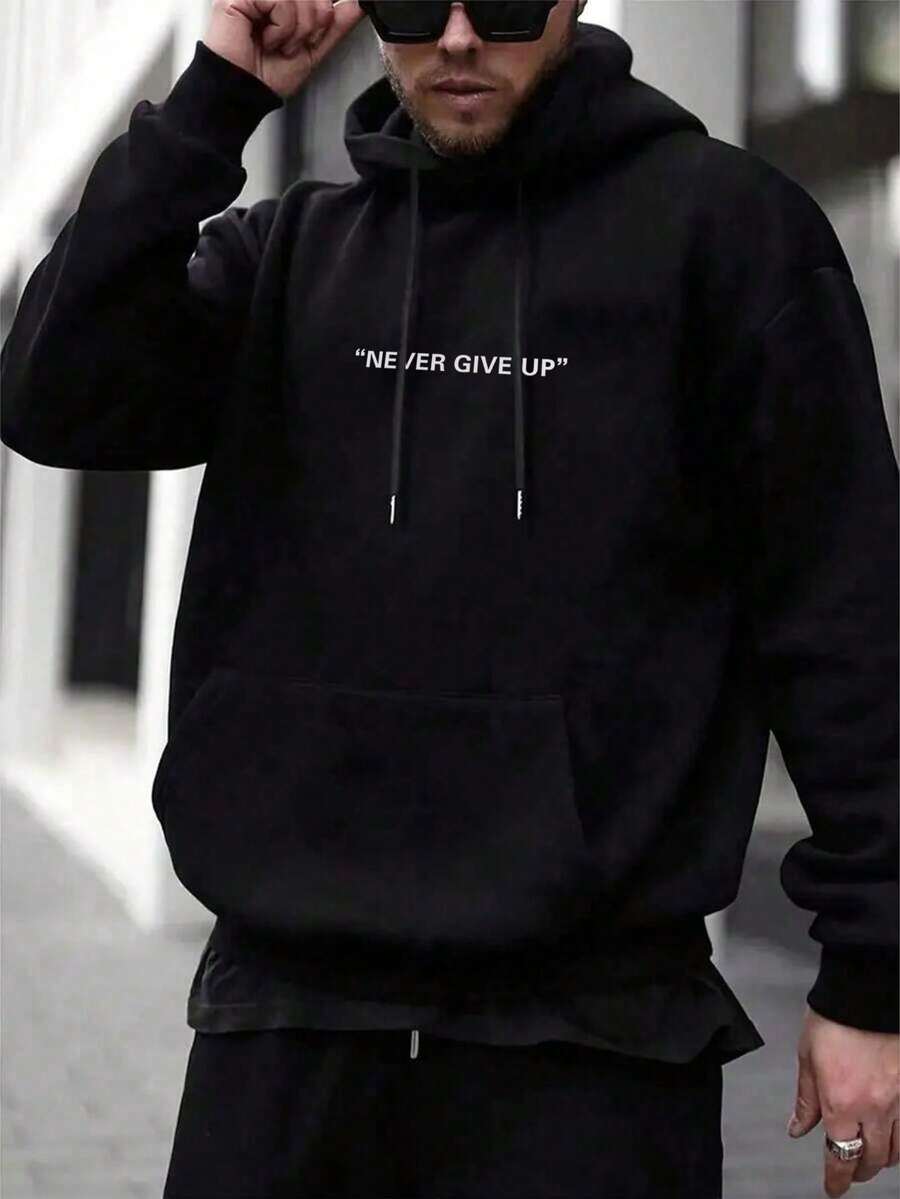 Men's Casual And Versatile Hoodie With Kangaroo Pocket, Drawstring And Simple Slogan Print, For Everyday Wear And Commuting, Autumn/Winter - 黑色 - 查看 1
