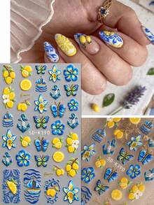 QIANJIKU Mediterranean Style 5D 3D Embossed Nail Art Stickers, Lemon & Blue Porcelain Ocean Theme, Summer Music Festival Salon Nail Artist Supplies - Multicolor - View 5