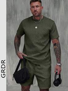 2pcs Men's Diamond Texture T-Shirt And Shorts Set, Casual Commuter Comfortable Minimalist - Army Green - View 2