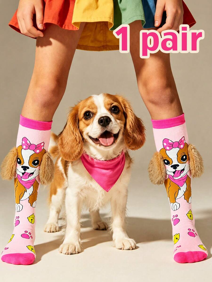 1 par de calcetines creativos hasta la rodilla para niñas, estampado de dibujos animados rosa con orejas de perro 3D de felpa, regalo de cumpleaños, uso casual - Multicolor - Ver 1