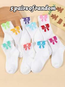 5 Pairs Random Cute Cartoon Colorful Bow Breathable Girls Socks, Regular Thickness, Suitable For Spring, Summer And Autumn, Versatile Fashion Campus Socks - Multicolor - View 6