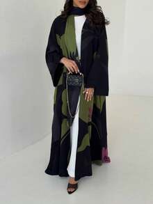 節慶新品女款時尚雪紡印花休閒長袍（含頭巾）度假黑色秋季 - 黑色 - 查看 5