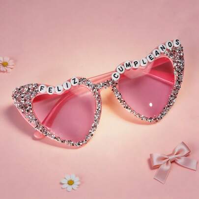 1 chiếc kính mắt mèo hình trái tim, viền đính đá rhinestone, đính pha lê thủ công, chữ Tây Ban Nha "Happy Birthday", kính tiệc sinh nhật, quà tặng sinh nhật