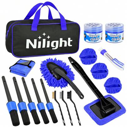 Nilight 15PCS Car Detailing Kit Auto Cleaning Tools Wash Set With Storage Carry Bag Beginners Easy To Use For Interior Exterior Car Care Clean Windshield Dashboard Seat Air Vents Wheels Tires, Blue