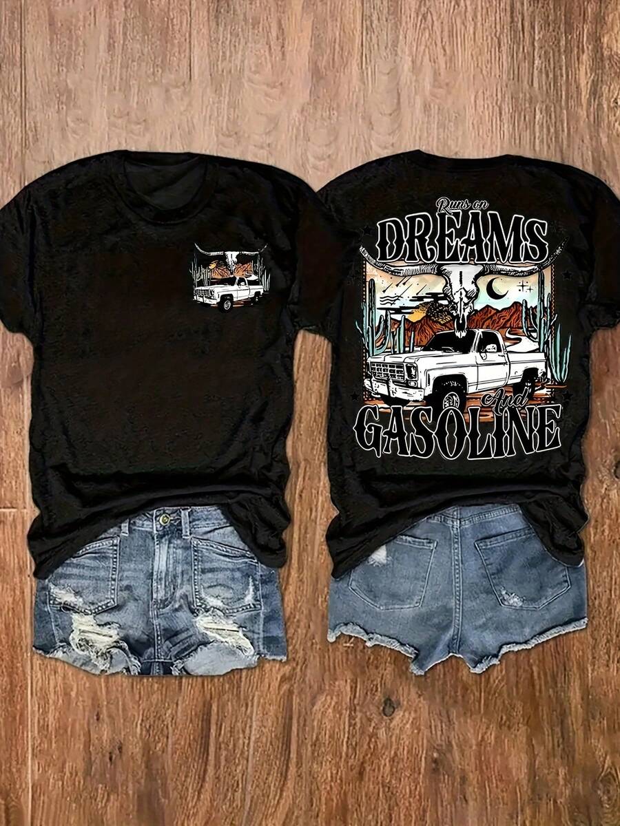 Women's Western-Style Letter Print Crew Neck T-Shirt, Casual Short-Sleeve Top, Women's Clothing. A0JO - 黑色 - 查看 1