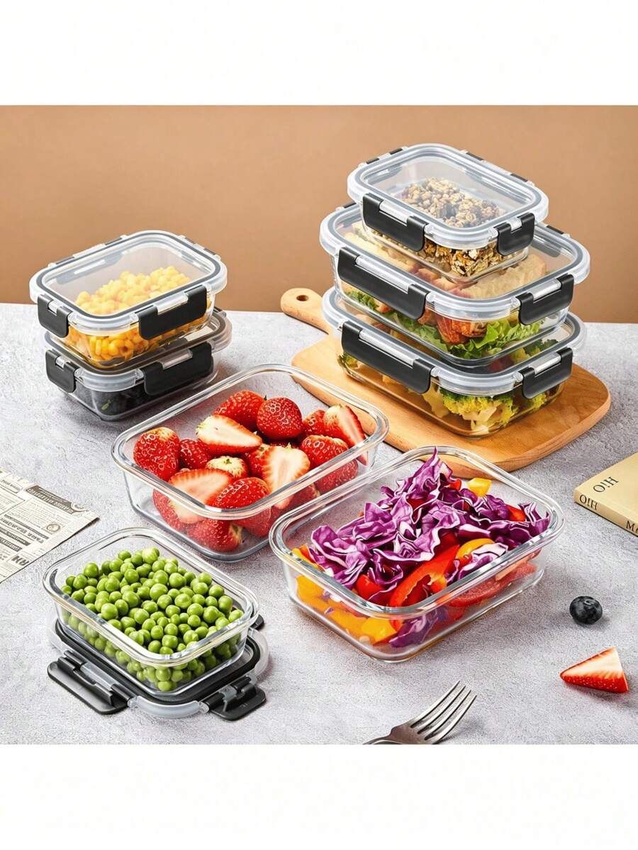 3個/1個玻璃廚房儲物容器,氣密食品保存盒,配有易開/關可堆疊蓋子,適用於廚房和儲藏室儲存,密封玻璃便當盒,冰箱保鮮盒,微波爐、烤箱、冰箱和洗碗機適用 - 黑色 - 查看 1