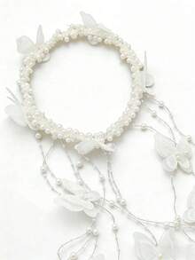 1pc Exquisite Faux Pearl Beaded Tassel Hair Chain Headpiece, Handmade, Suitable For Bride Wedding Party Festival Spring Photography - Multicolor - View 6