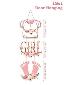 1 Set Pink Baby Shower Paper Door Hanging Decoration, Cute Pink Footprint And Floral Print Hanging Banner, Gender Reveal, Baby Shower, 1st Birthday Door Background Decoration, Creative Party Gift, Baby Girl Reveal And Birthday Wall Door Hanging Decoration - Multicolor - View 3