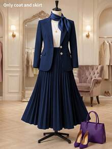 Elegant Plus Size Women Navy Blue Lapel NeckBlazer And Pleated Midi Skirt Set Fall - Deep Royal Blue - View 7