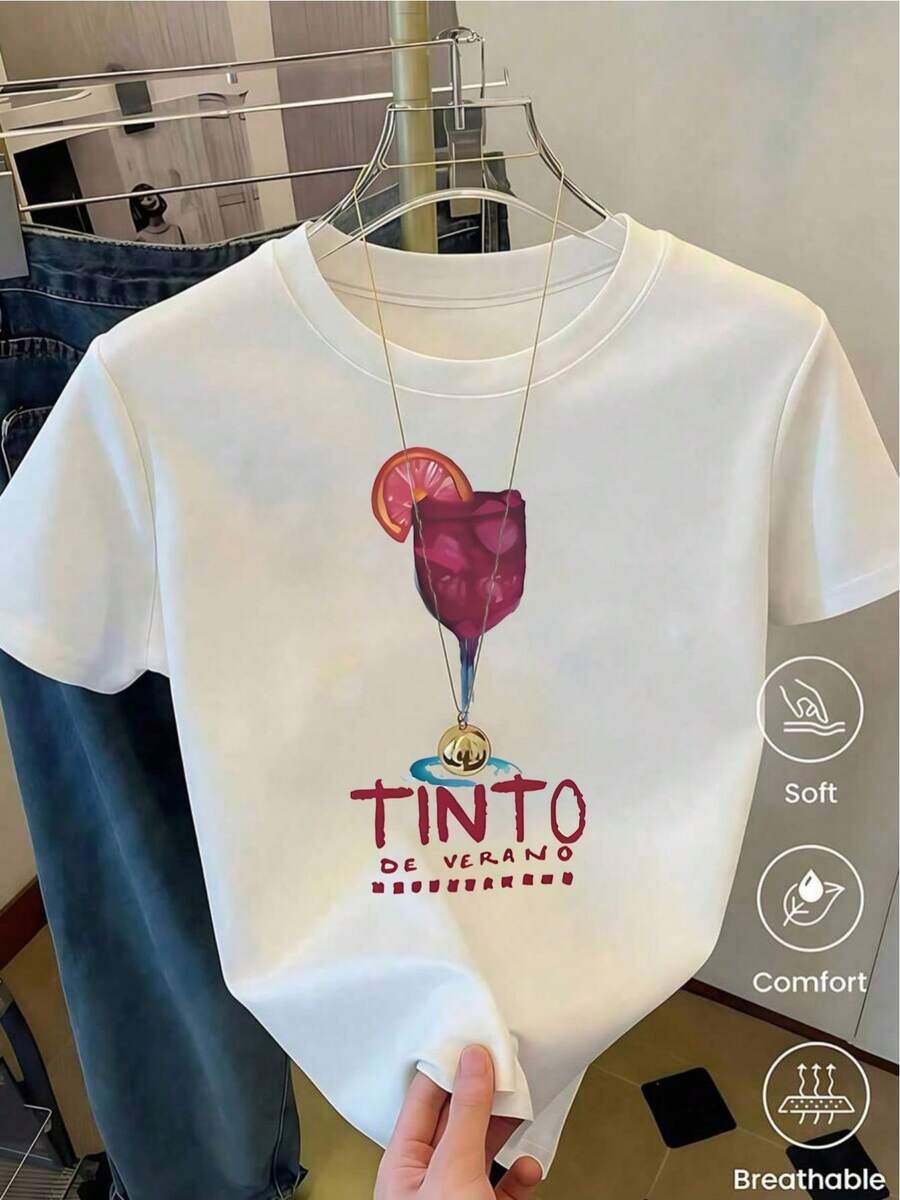 YOCASA Women's Summer T-Shirt With Round Neck And Short Sleeves, Oil Painting Print With Floral Heart And Letter Design, Casual, Simple And Sporty Style For Everyday Wear - YH286-白色 - 查看 1