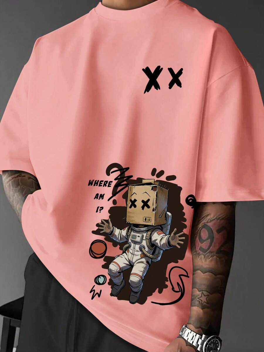 Camiseta para hombre, estilo moderno y artístico con estampado de astronauta de dibujos animados en caja de cartón y texto decorativo. - Multicolor - Ver 1