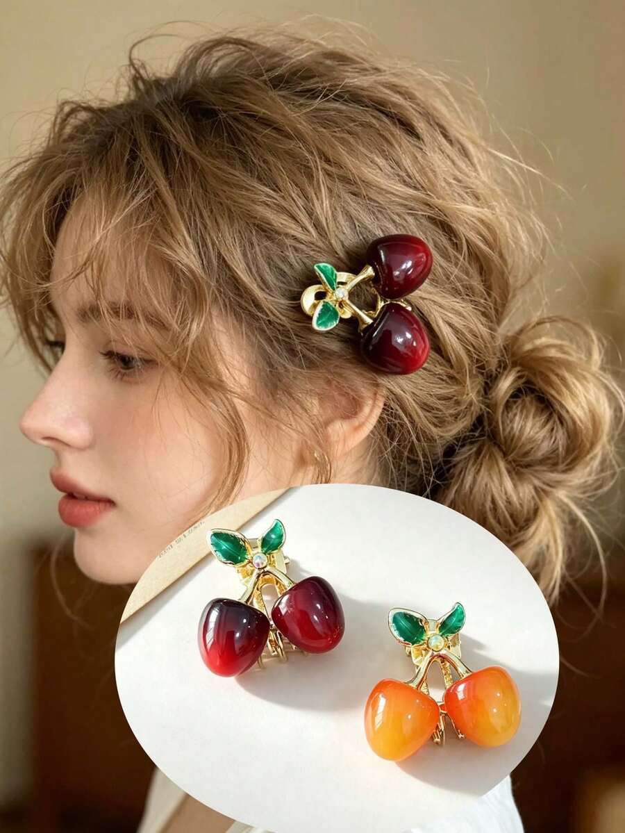 1pc Girls Cherry Fruit Mini Claw Clip, Cute Elegant Hair Accessory, Side Bangs & Loose Hair Clip, Daily Minimalist Versatile Hair Clip, Back To School Essential, Bridal Styling Decorative Hair Accessory - Multicolor - View 1