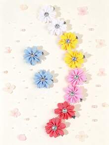 10pcs Cute Floral Hair Clips, Multi-Color Rhinestone Petal Fabric Flower Hair Clips, Alligator Clips, Cute Hair Accessories Gift For Girls And Teens Daily Wear - Multicolor - View 4