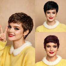 Wig Rambut Pendek Pixie Bergaya, Rambut Manusia Remy Peru, Wig Rambut Manusia dengan Poni, Jaring Elastis, Buatan Mesin Penuh, Cocok untuk Liburan, Pesta, Wig Lurus Berlapis, Warna Hitam, Warna Cokelat Tua, Warna 99# - MultiWarna - View 2