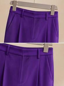 Women's Autumn/Winter Office Daily Solid Color Lined Double-Breasted Asymmetric Placket 3-Button Design Slim Fit Long Sleeve Blazer & Straight Leg Pants Set - Purple - View 7