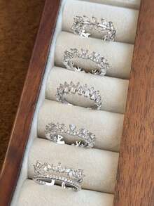 Juego de 5 anillos abiertos de cobre con hojas de circonita cúbica dulce, adecuado para vacaciones y bodas de mujeres (caja de regalo no incluida) - Plateado - Ver 3