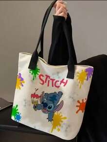 1pc Disney Cartoon Canvas Tote Bag Mickey Stitch Pattern Lightweight Durable Lunch Bag Shopping Bag..Versatile Shoulder Bag Mommy Bag - Multicolor - View 9