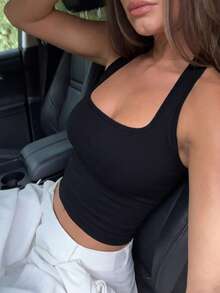女士瑜伽运动文胸无袖短款运动上衣，弹力健身背心，透气黑色夏季款 - 黑色 - 查看 1