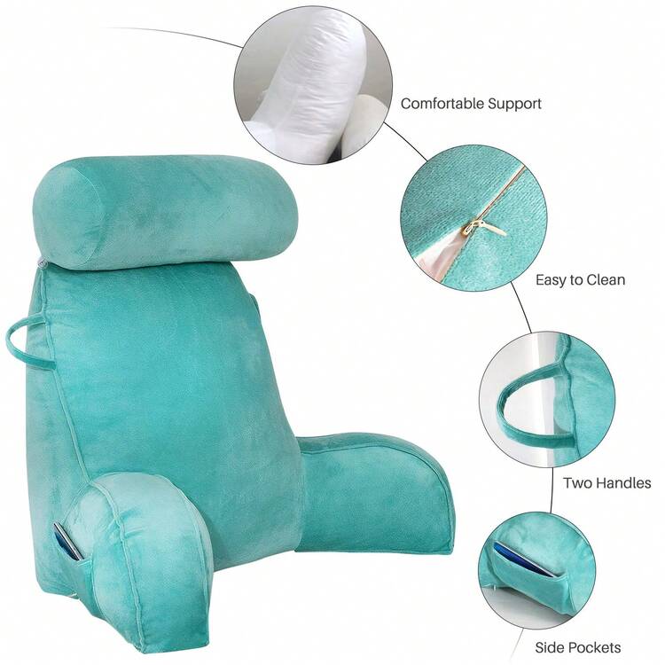 Adult Reading Pillow With Arms, Back Support Cushion For Bed, Detachable Washable Cover With Pocket, Ideal For Reading & Relaxing - Mint Blue - View 8