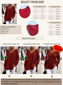 1pc V-Neck Knit Top, Front Short Back Long Hem With Slit, Suitable For Spring, Autumn, Winter Fall - Red 2 - View 8