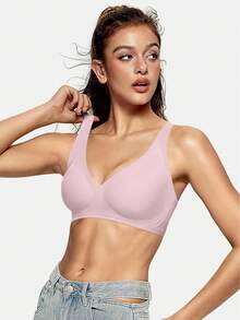 Sujetador sin costuras para mujer, sujetador inalámbrico con escote en V profundo, sujetador push-up sin aros, bustier acolchado, sujetador cómodo tipo camiseta, sujetador suave para dormir. - Rosa - Ver 3
