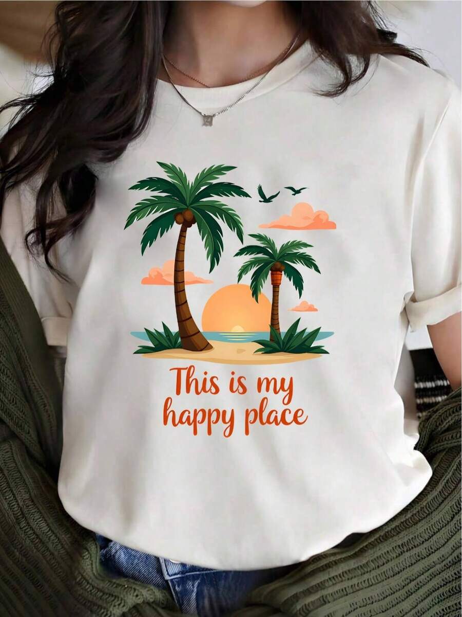 YOCASA Women's Summer T-Shirt With Round Neck And Short Sleeves, Oil Painting Print With Floral Heart And Letter Design, Casual, Simple And Sporty Style For Everyday Wear - YH256-白色 - 查看 1