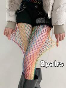 1/2 paires de collants résille arc-en-ciel, collants sexy ajourés, bas à la mode pour femmes pour soirée, rendez-vous, performance, enterrement de vie de jeune fille, toutes saisons - Multicolore - Voir 16