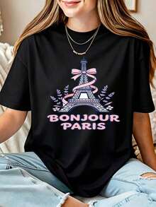 Bonjour Paris Floral Eiffel Tower Women's T-Shirt - Black - View 1