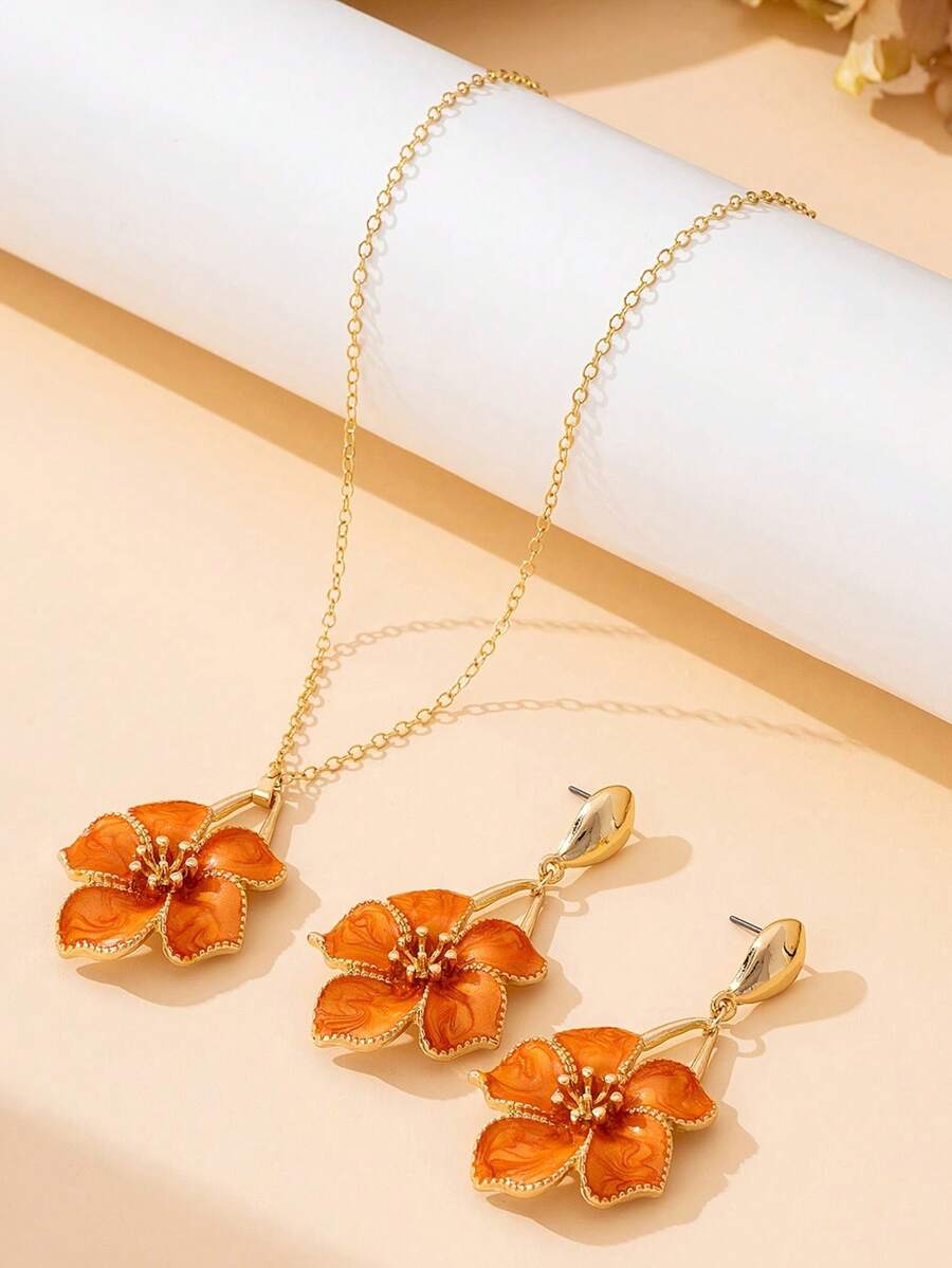 Set Kalung dan Anting Liontin Bunga Oranye 3pcs/Set, Hadiah Liburan untuk Teman dan Sahabat Terbaik - Gaya 16 - View 1